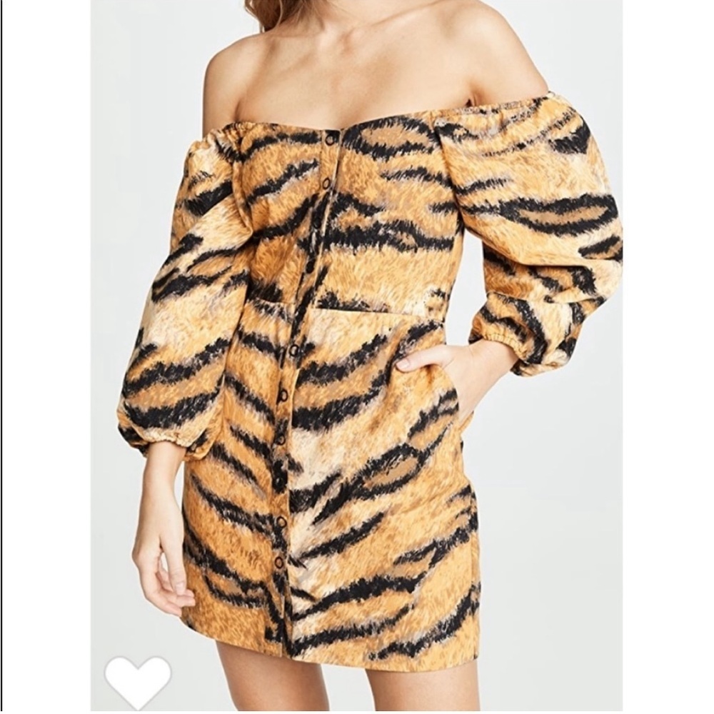 Hofmann Copenhagen tiger stripe animal print dress Golden Hour off shoulder